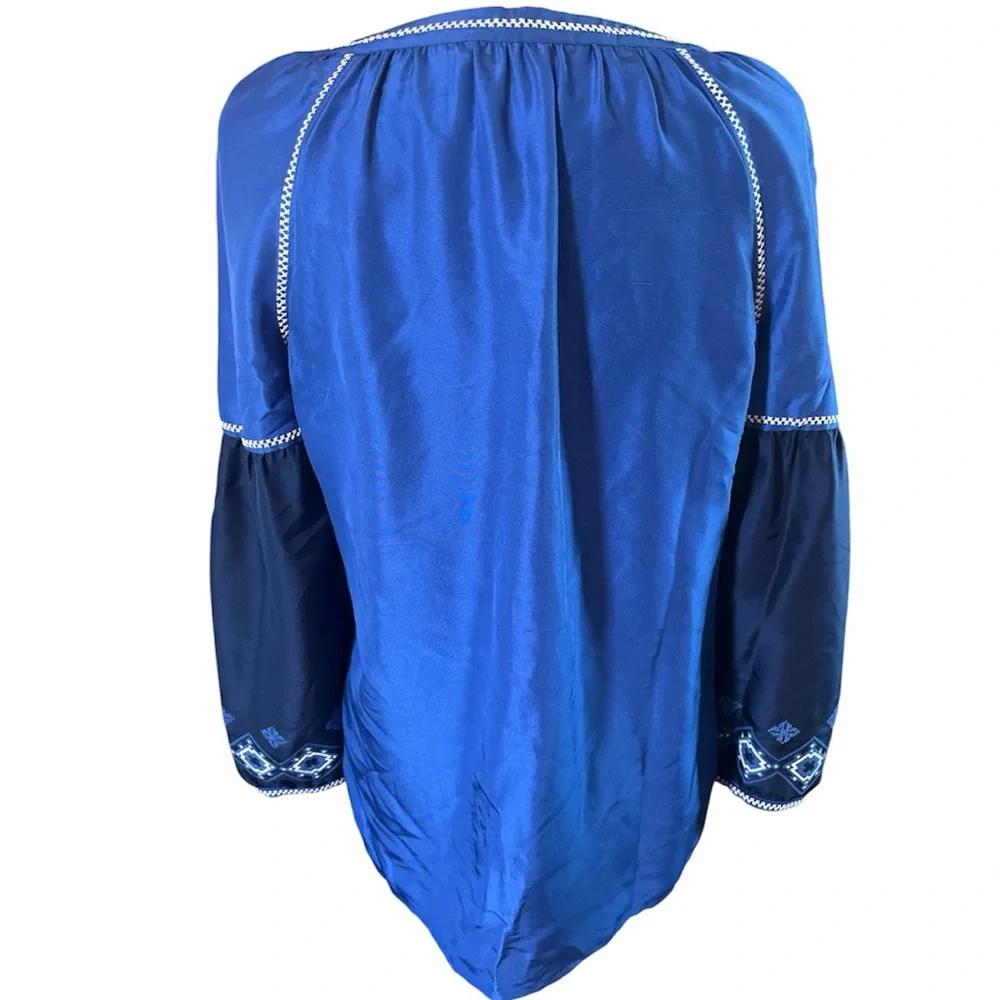 Tory Burch Royal Blue Silk Bohemian Embroidered Blouse Size 8